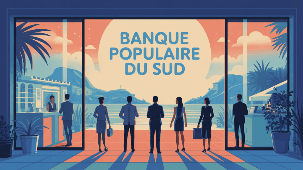 Vue extérieure agence Banque Populaire du Sud ambiance clients