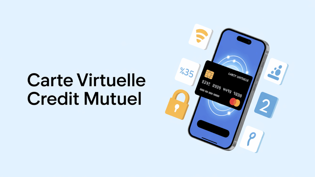 Carte virtuelle Crédit Mutuel affichée sur smartphone et icônes de sécurité