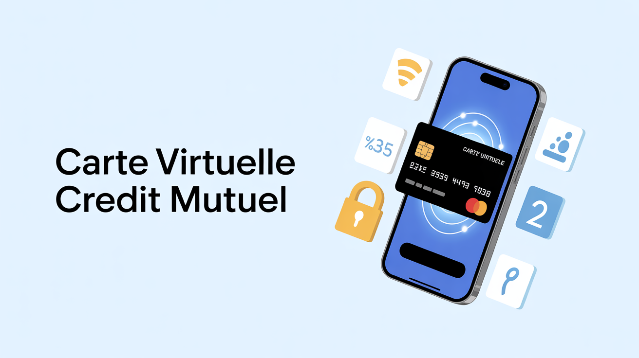 Carte virtuelle Crédit Mutuel affichée sur smartphone et icônes de sécurité