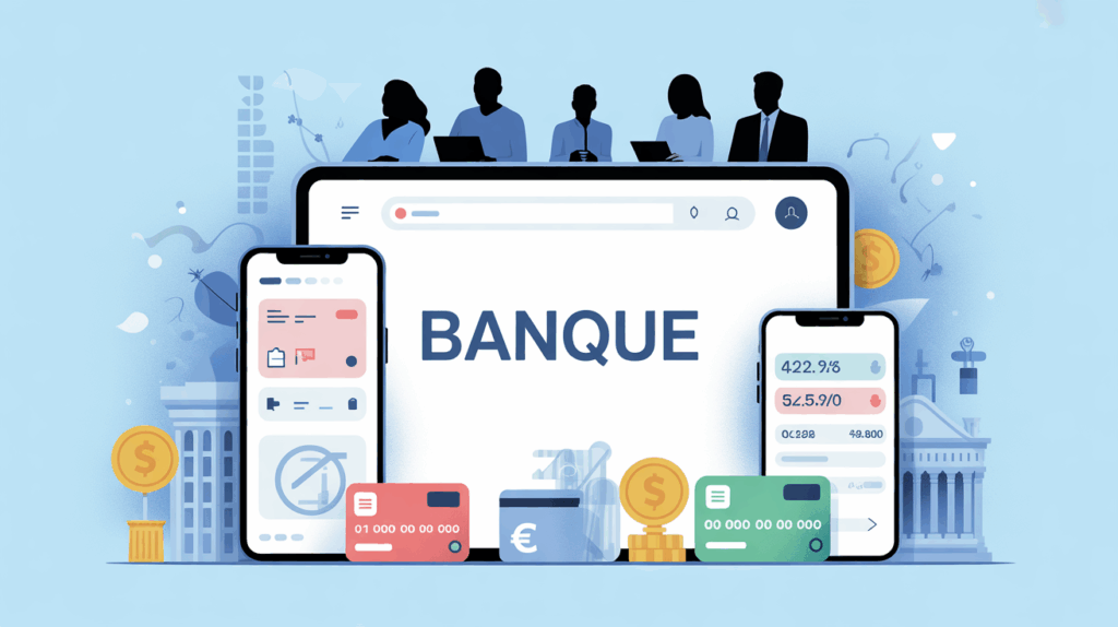 Illustration comparateur banque sur ecran, chiffres euros et carte bancaire
