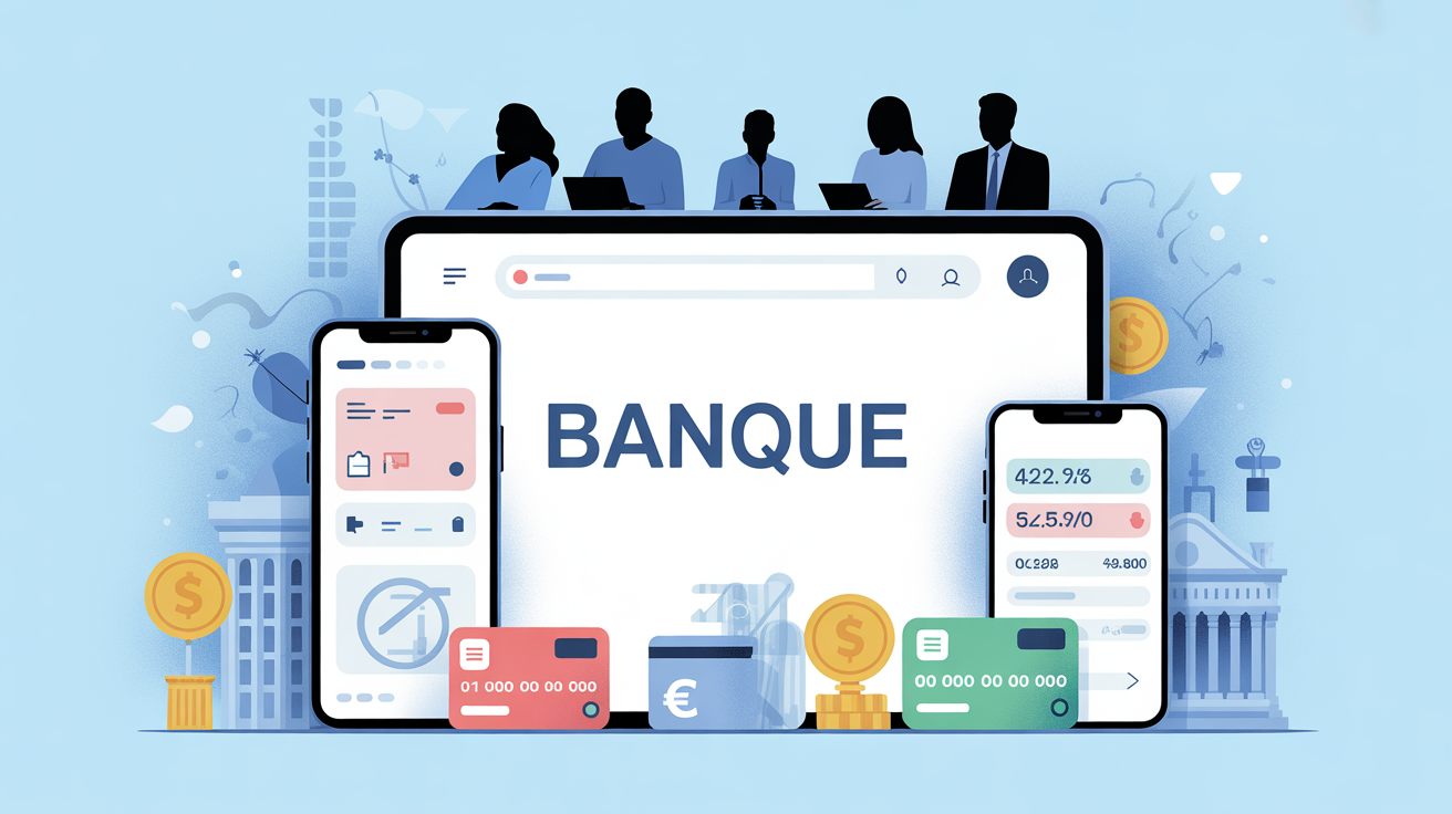 Illustration comparateur banque sur ecran, chiffres euros et carte bancaire