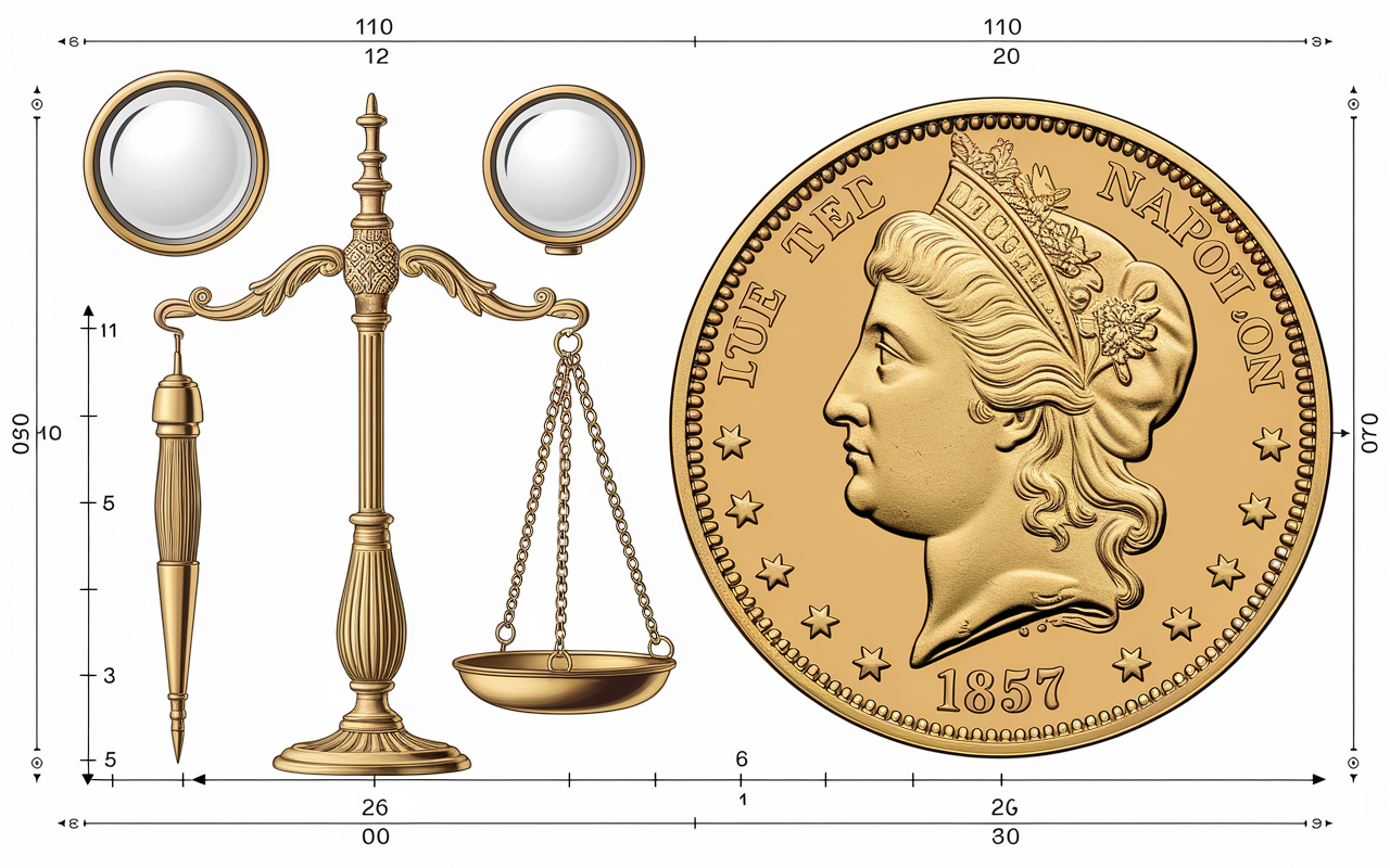 Loupe balance detail pièce or Napoleon 1857