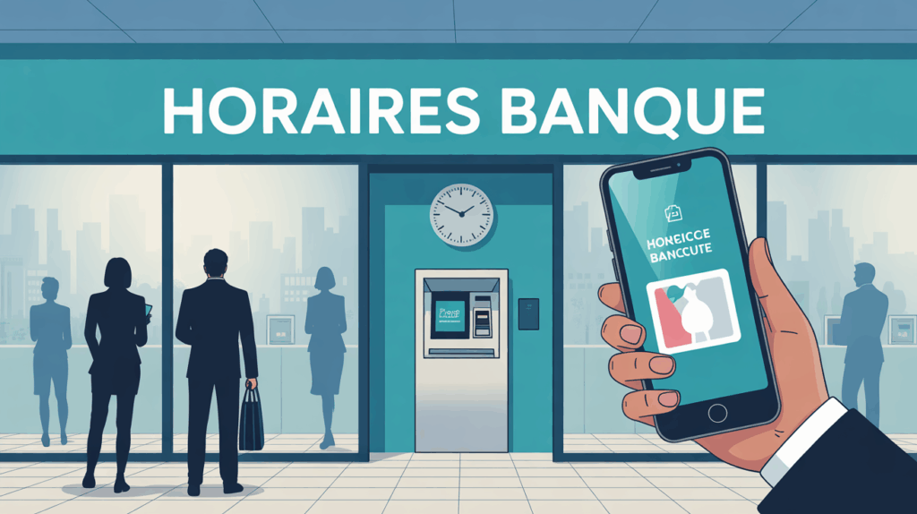 Façade agence bancaire moderne, DAB, smartphone, horaires