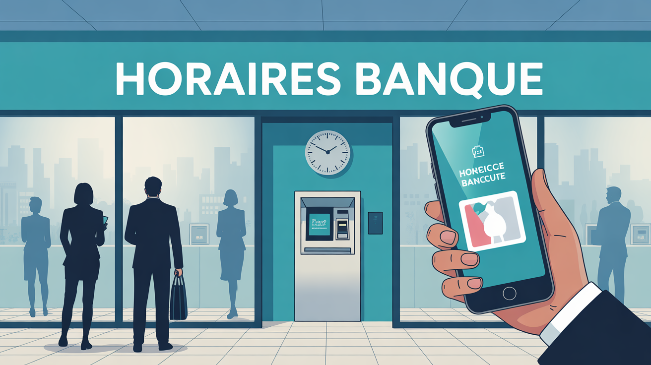 Façade agence bancaire moderne, DAB, smartphone, horaires