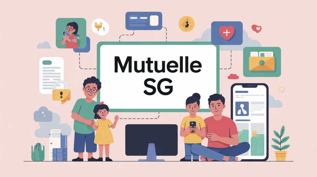 Famille utilisant Mutuelle SG sur ordinateur et mobile, icônes santé