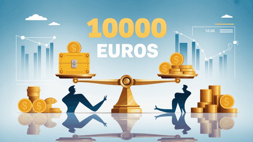Illustration placer 100000 euros balance, coffre-fort, pieces d'or, graphiques financiers