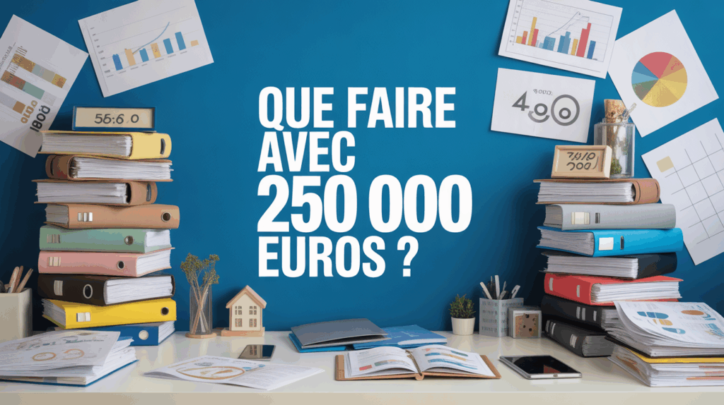 Bureau moderne avec dossiers, graphiques, miniature maison et le titre Que faire avec 250 000 euros