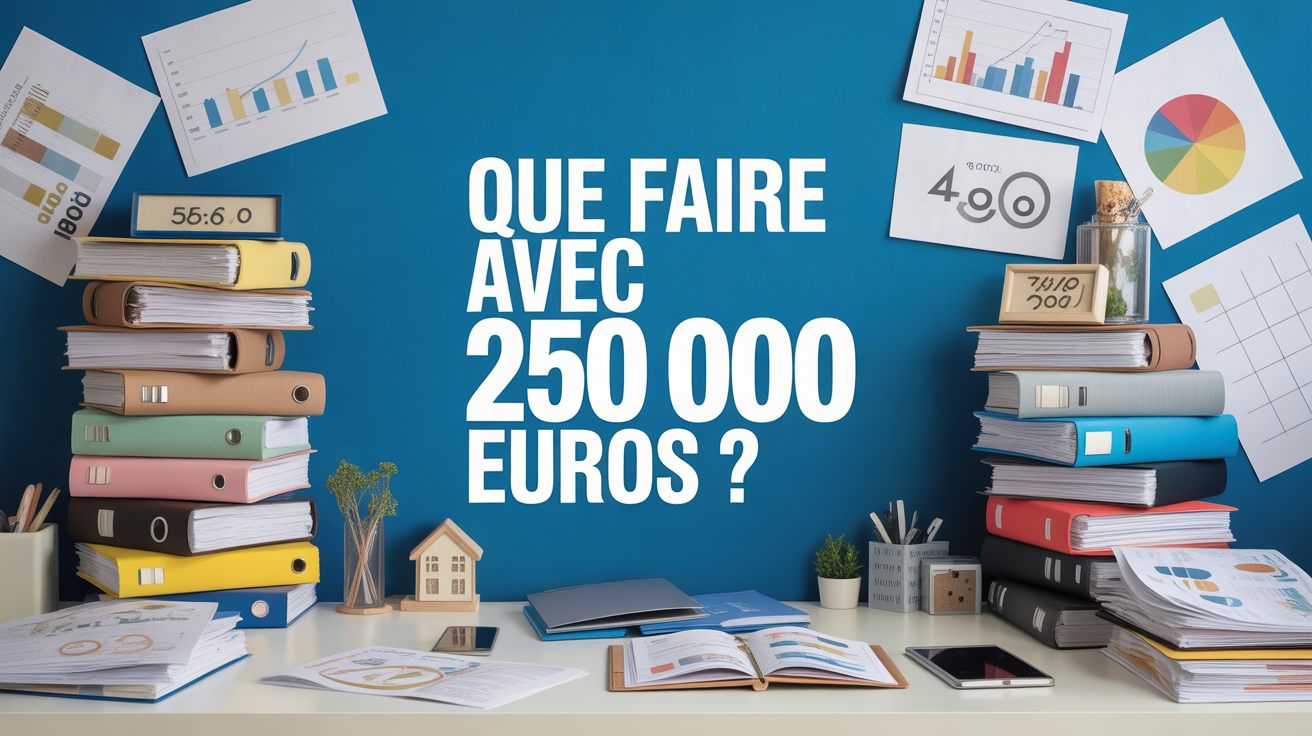 Bureau moderne avec dossiers, graphiques, miniature maison et le titre Que faire avec 250 000 euros