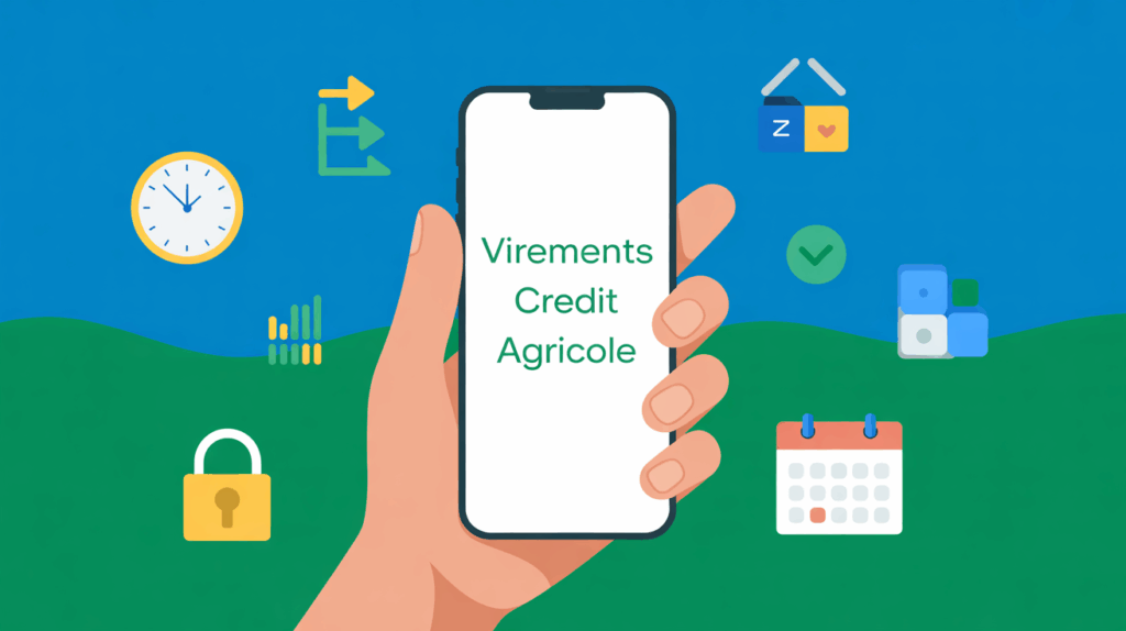 Illustration virement Crédit Agricole sur smartphone avec icônes de sécurité et calendrier