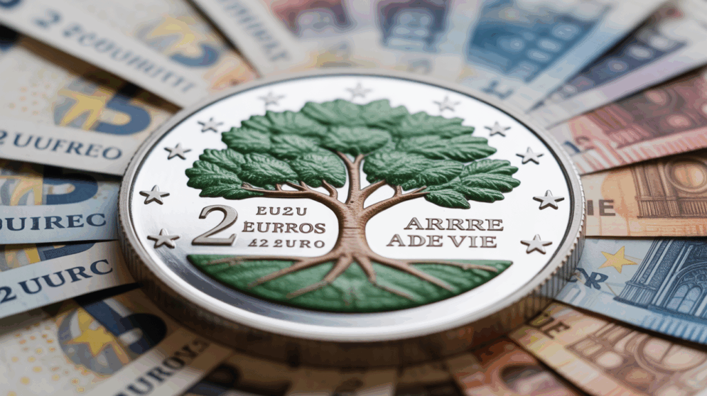 Gros plan piece 2 euros Arbre de Vie avec tableau valeurs
