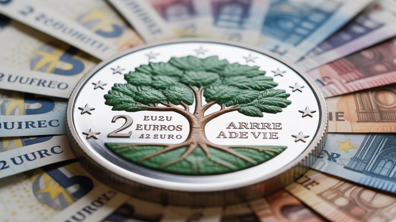 Gros plan piece 2 euros Arbre de Vie avec tableau valeurs