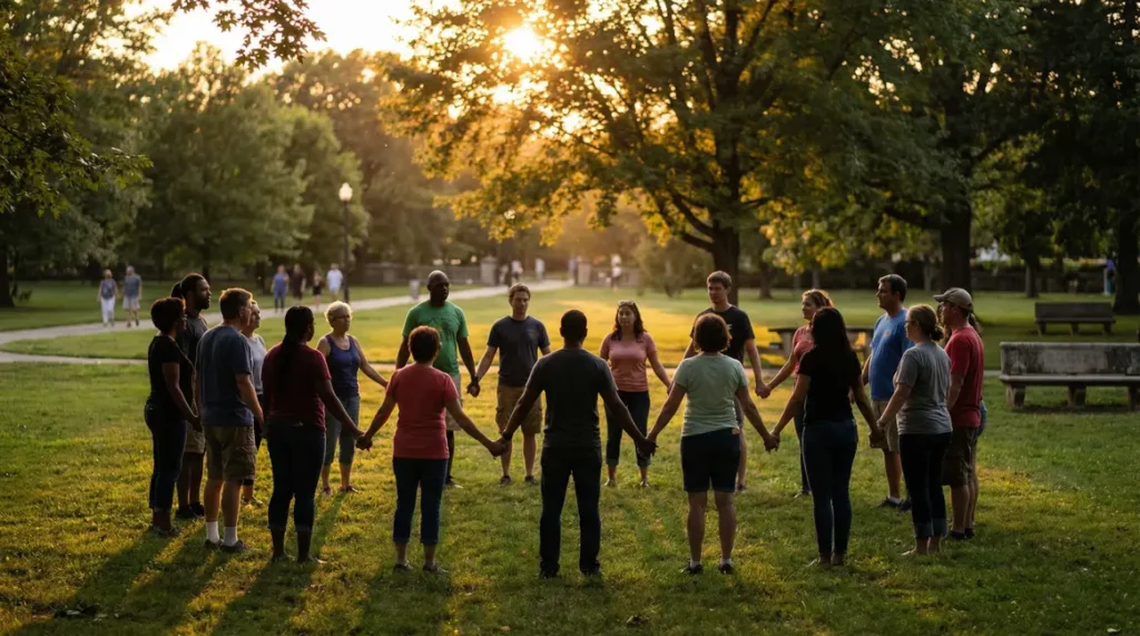 cercle de personnes symbolisant le bonheur et l epanouissement social