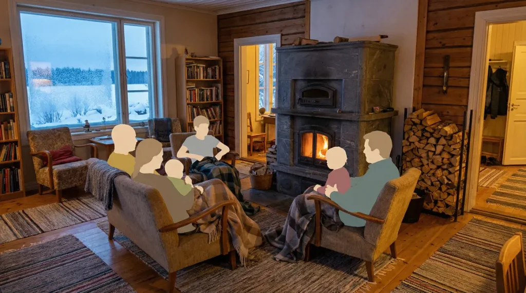 scène familiale poele de masse chauffage bois hiver