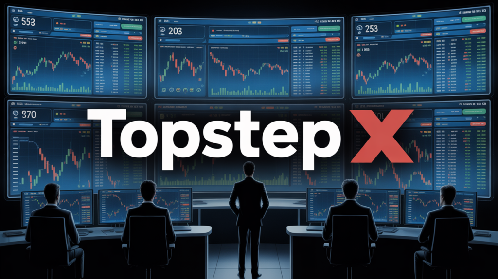 Plateforme Topstep X sur ecran avec dashboards lumineux et traders