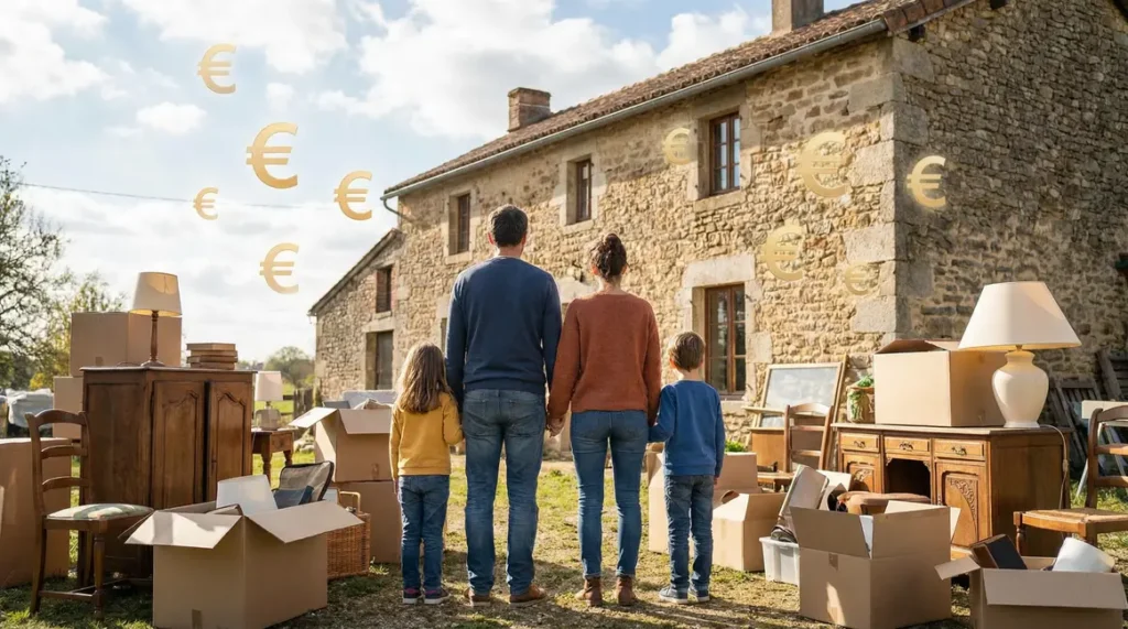 famille devant maison ancienne et objets héritage transmission