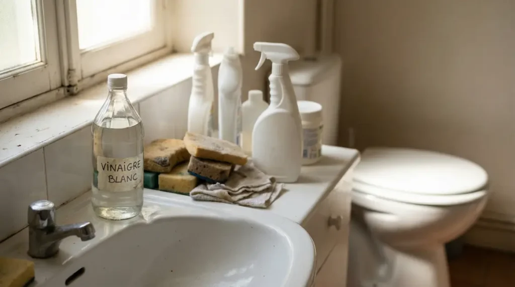 vinaigre blanc sur lavabo et toilettes propres