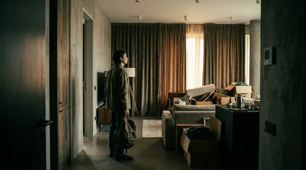 Appartement locatif sombre et encombre, jeune adulte dans le salon
