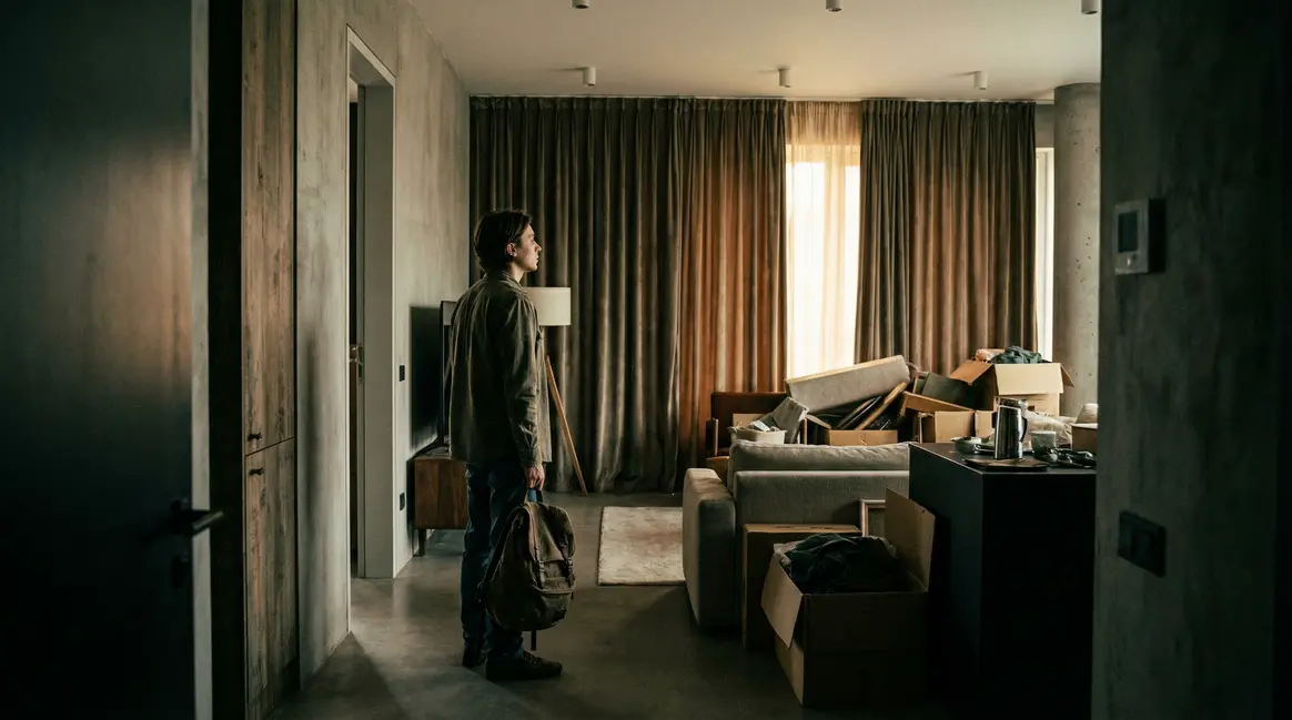 Appartement locatif sombre et encombre, jeune adulte dans le salon
