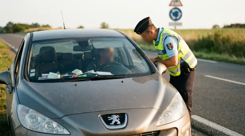 policier inspectant voiture controle routier