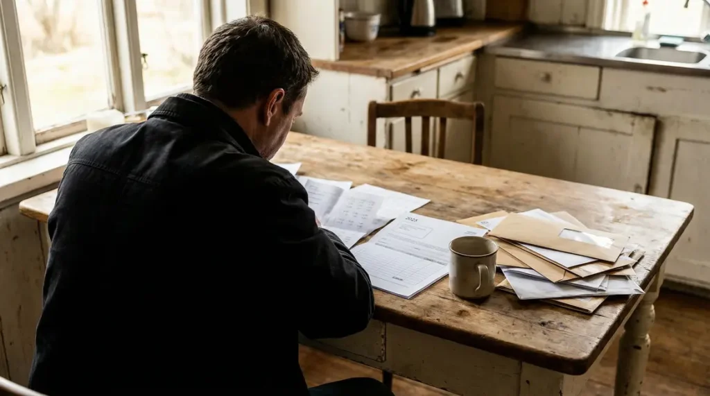 Retraité triant des enveloppes avec avis d imposition sur table