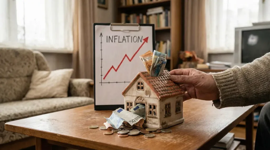 tirelire maison pieces billets devant graphique inflation