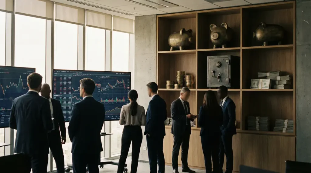 Scène bureau moderne avec investisseurs et éléments d'épargne