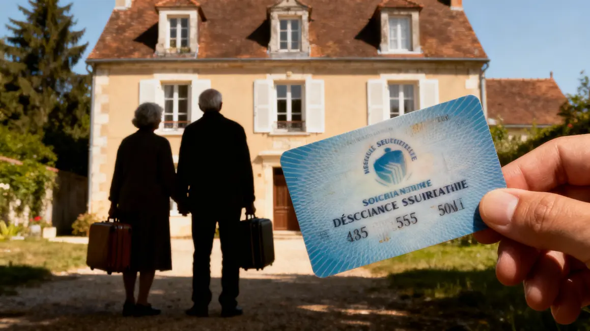 Couple retraité expatrié devant maison française carte Sécurité Sociale