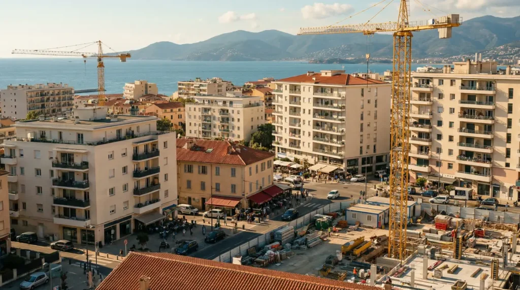 Panorama d'Ajaccio avec mer et immeubles modernes, marché immobilier dynamique
