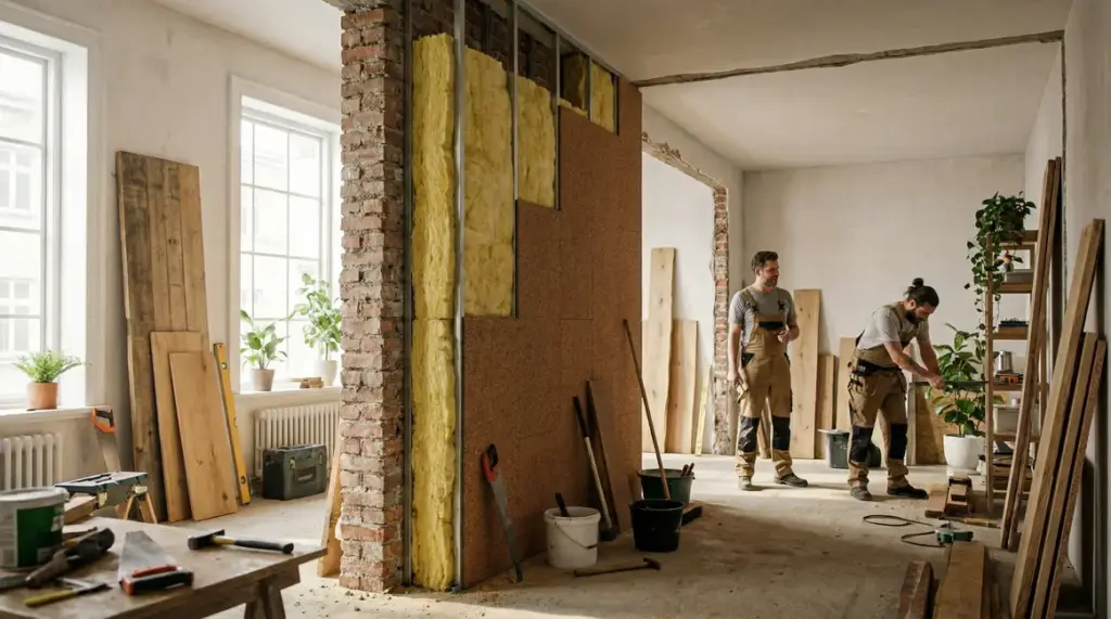 Mur avec laine de verre et liege en coupe, chantier moderne