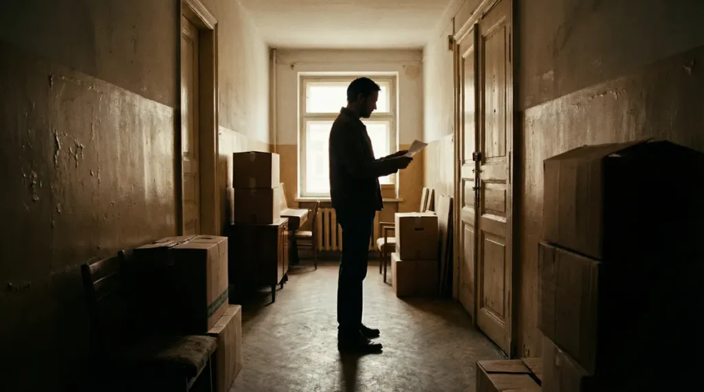 Silhouette d'homme tenant une lettre de congé pour vente devant une porte