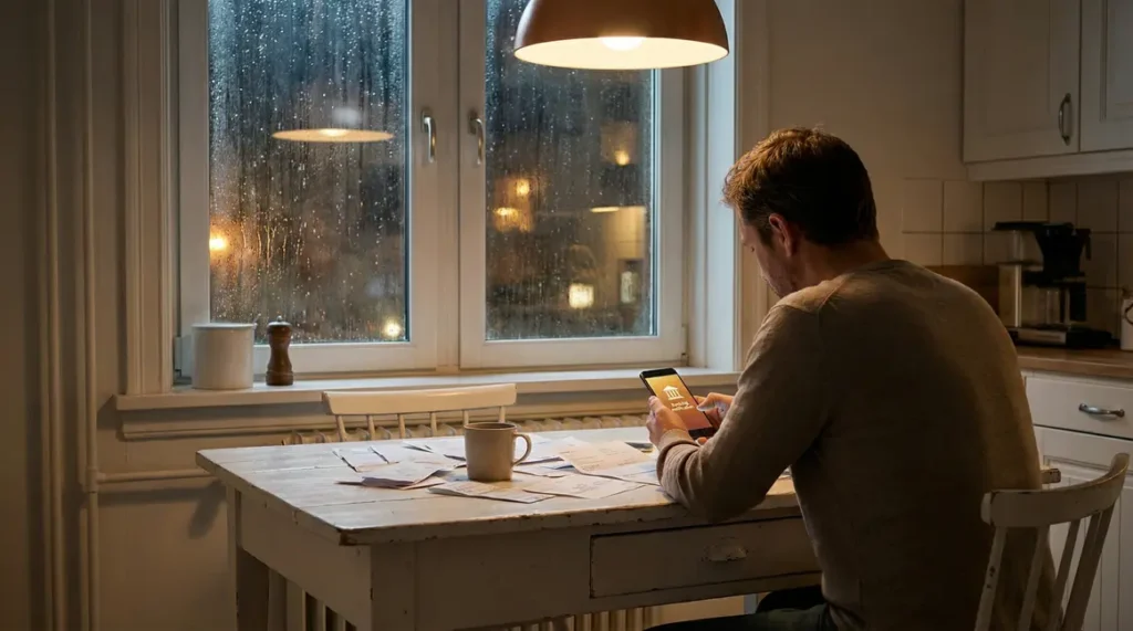 pluie sur fenêtre homme regarde notification bancaire livret a