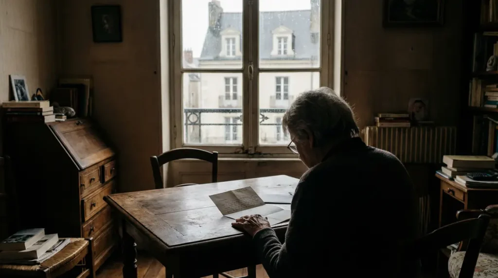 Femme âgée anxieuse devant une lettre finances publiques à Nantes