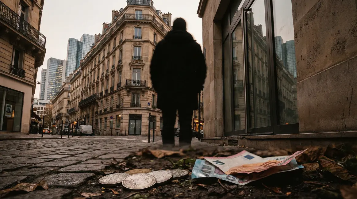 Silhouette devant immeuble reflets argent billets France