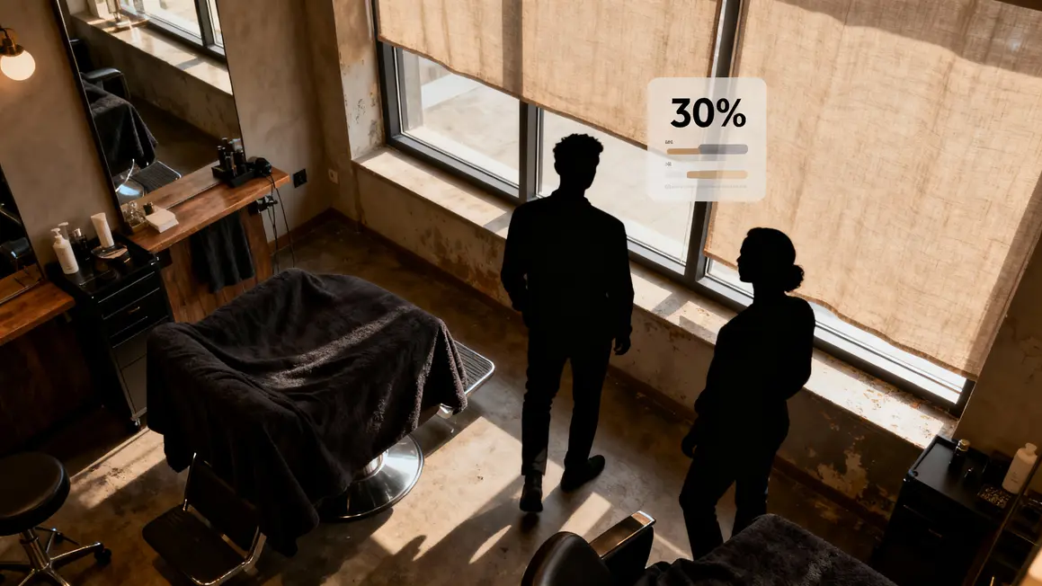 Salon appartement locatif textile sombre fenetres couvertes ambiance