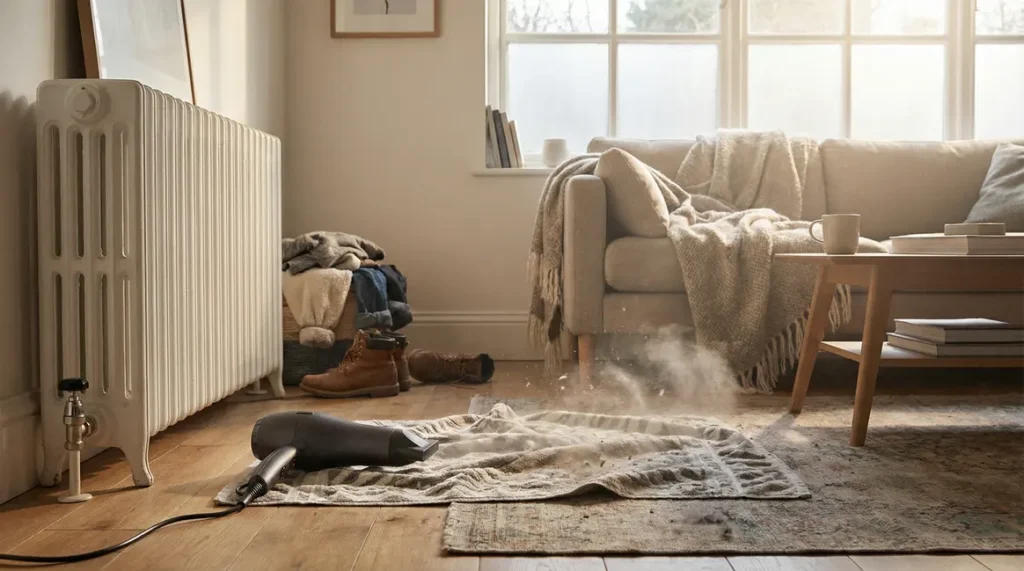 Sèche-cheveux souffle la poussière sur radiateur, astuce entretien hiver