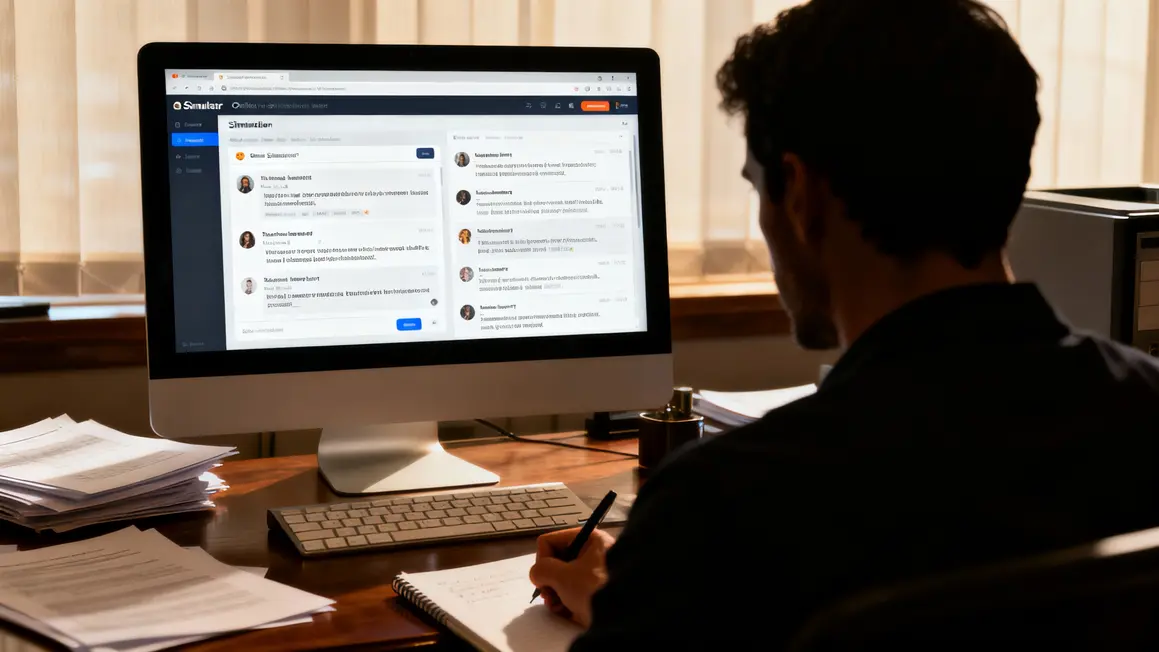Retraité consulte simulateur et forums sur ordinateur