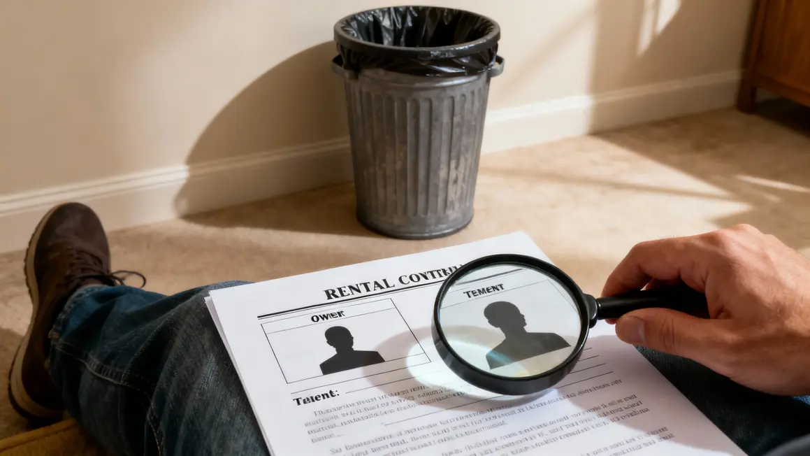 Loupe sur contrat de bail, silhouette propriétaire locataire, poubelle