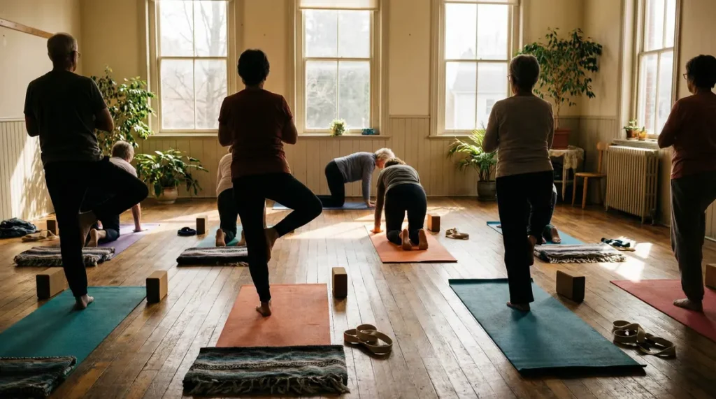 groupe seniors yoga postures douces salle lumineuse