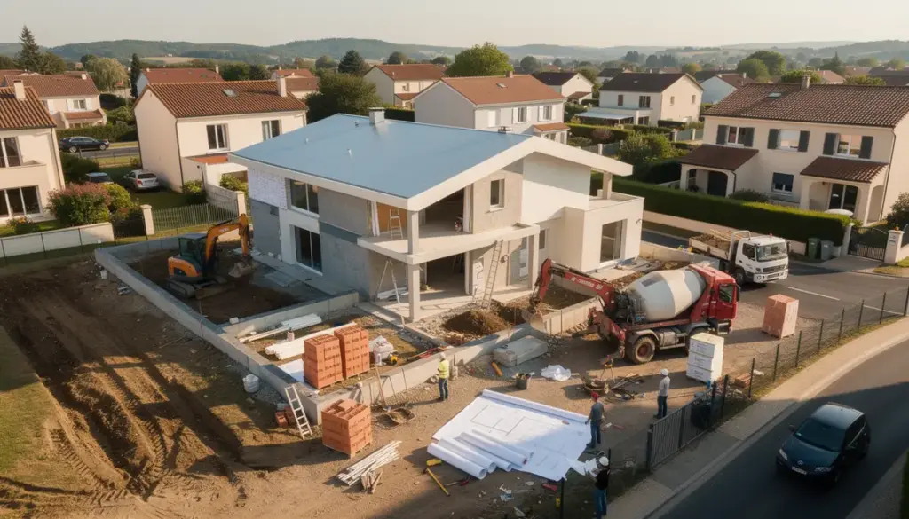 demarches pour faire construire une maison, chantier moderne vue aerienne