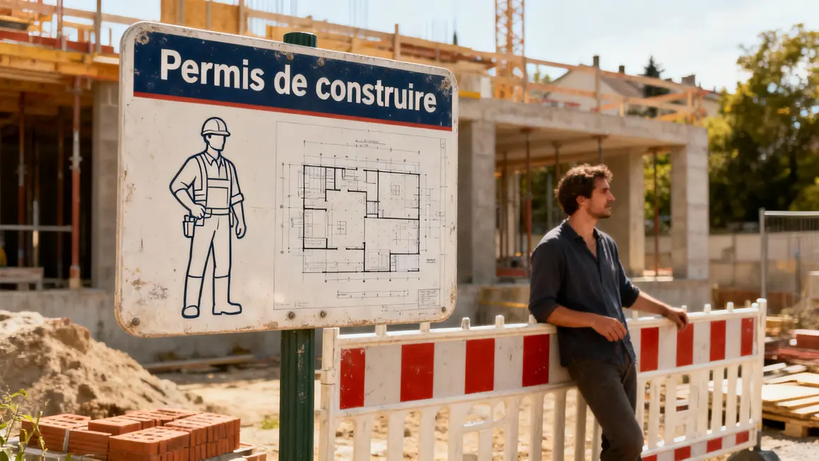 Panneau permis de construire devant chantier immobilier