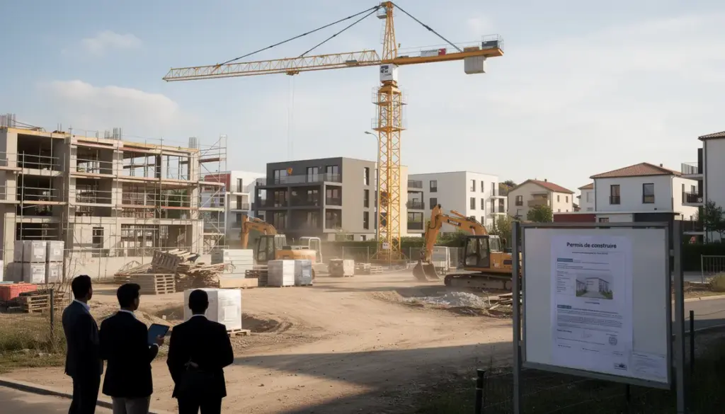 Chantier immobilier moderne avec permis de construire affiche