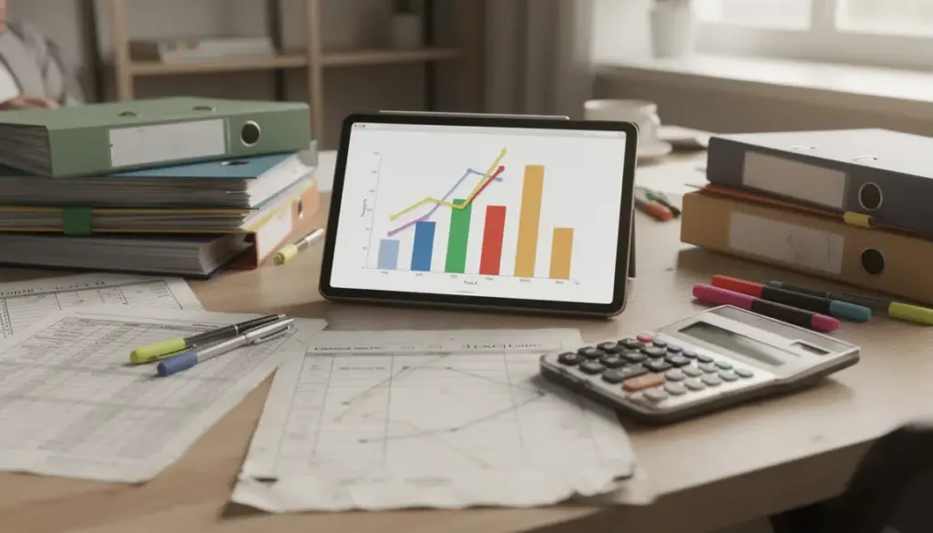Bureau avec dossiers fiscaux et tablette montrant réduction d'impôt