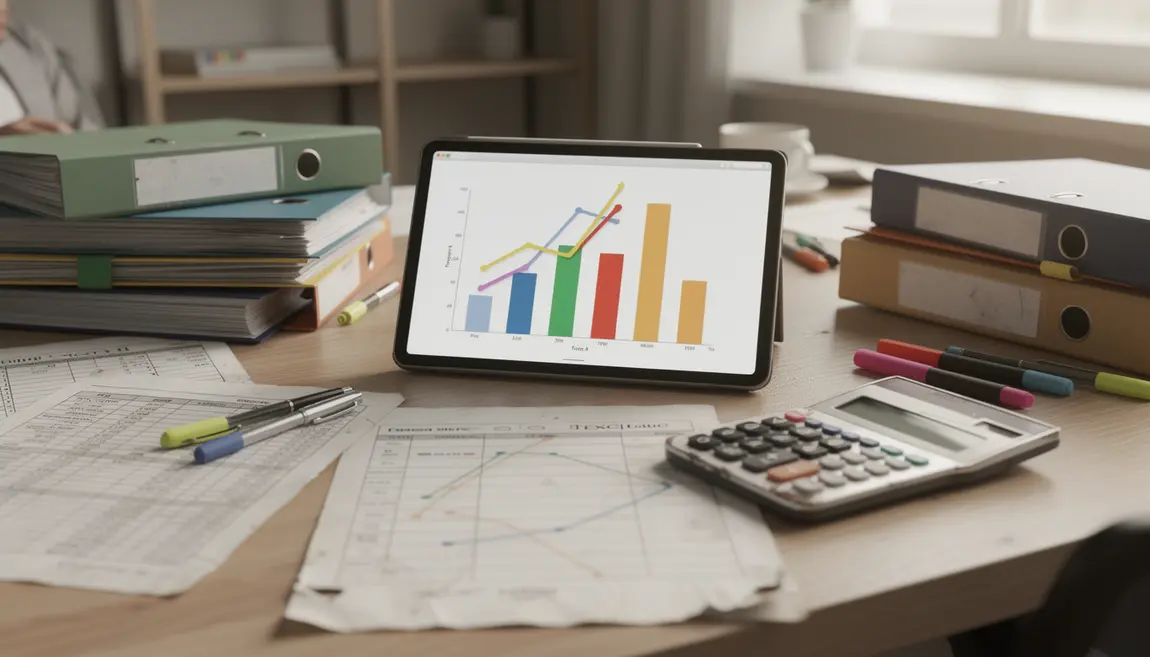Bureau avec dossiers fiscaux et tablette montrant réduction d'impôt