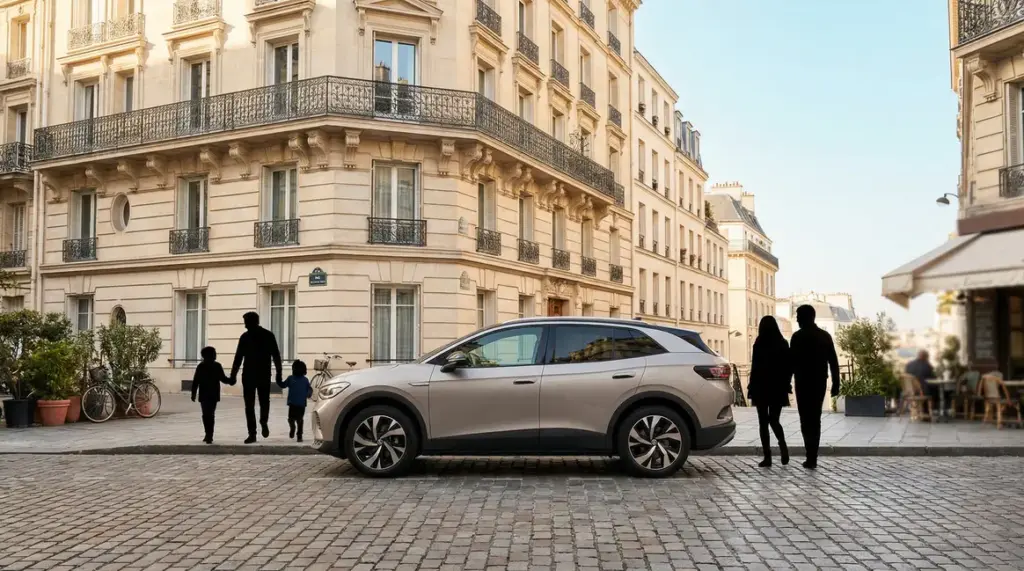 SUV electrique Citroen e-C3 Aircross devant immeuble, famille, bonus écologique