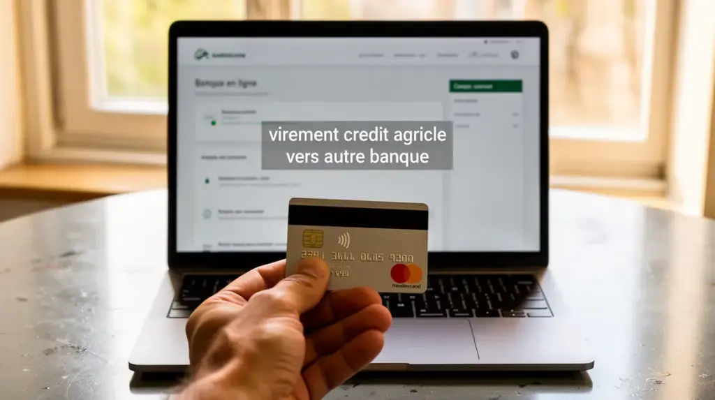 Main posant une carte bancaire pour un virement Crédit Agricole vers autre banque