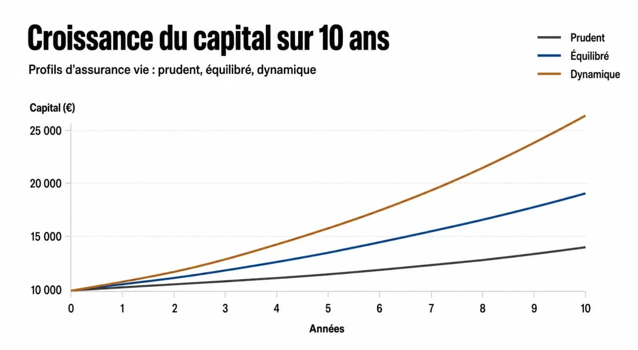 Graphique comparatif du rendement de l'assurance vie selon le profil d'investissement prudent, équilibré ou dynamique