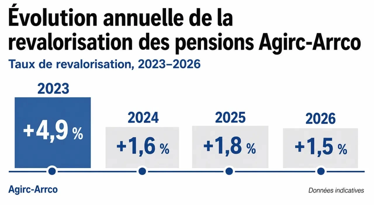 Graphique illustrant l'évolution des taux de revalorisation des pensions Agirc-Arrco entre 2023 et 2026