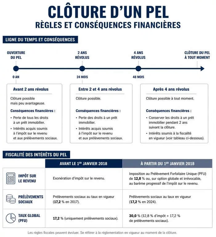 Infographie des règles et fiscalité pour clôturer un PEL sans projet immobilier