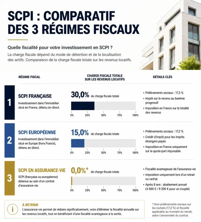 Comparaison de l'imposition des SCPI selon le mode de détention et la zone géographique