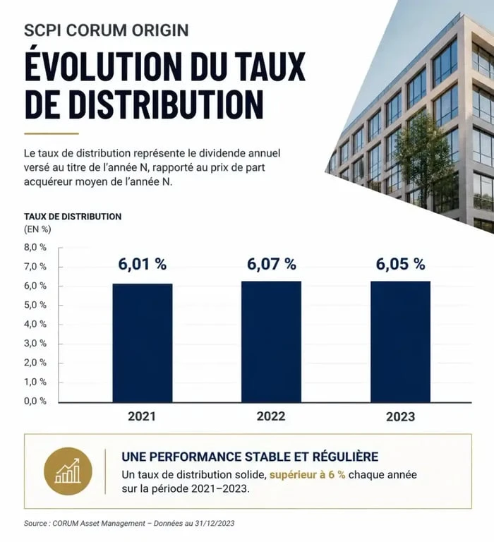 Graphique de performance et taux de distribution de la SCPI Corum Origin de 2021 à 2023